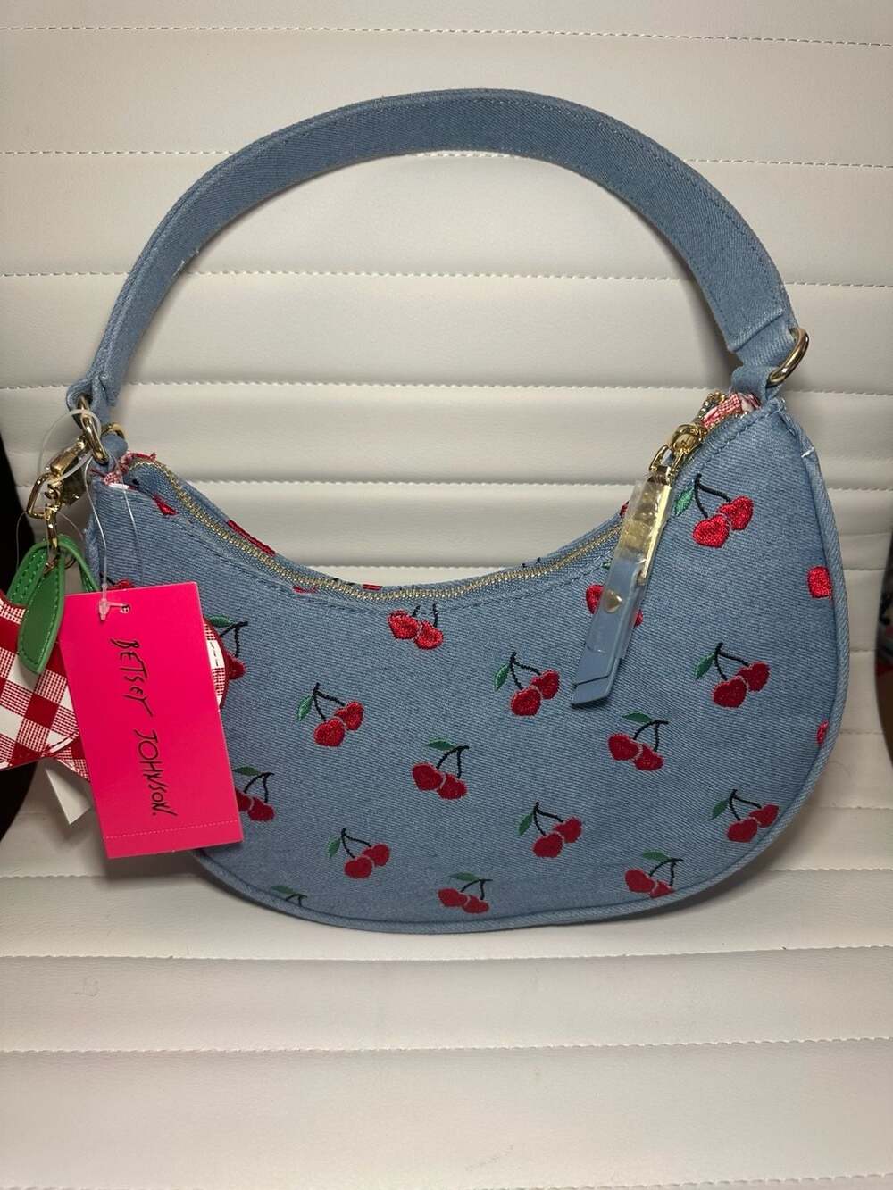 Betsey Johnson Xonorthy Denim Cherry Embroidered Crescent Shoulder Bag w/ Charm - Picture 4 of 8